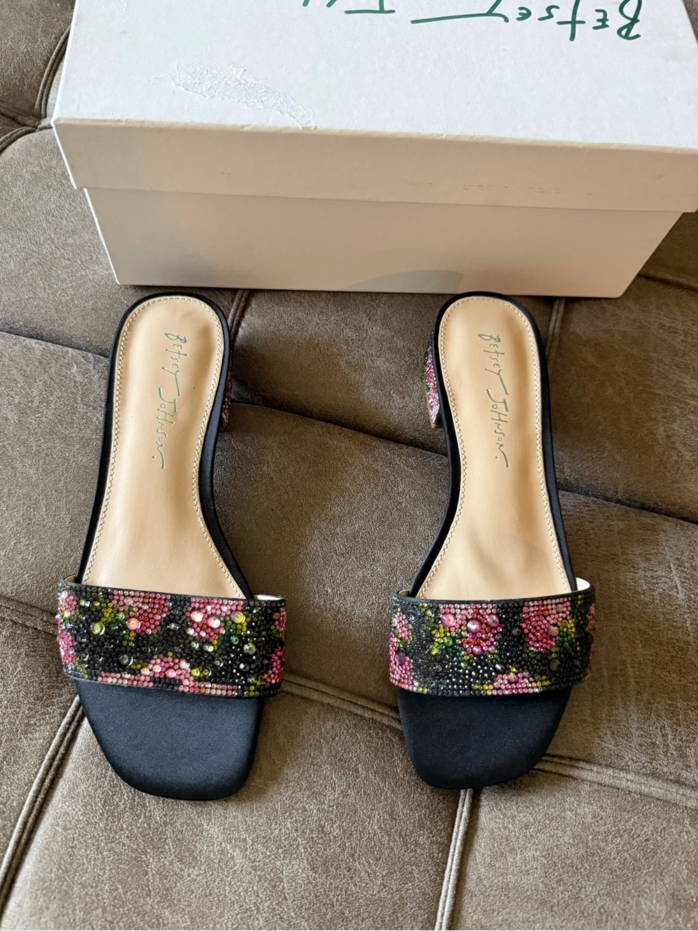 Betsey Johnson Black Slide Mules with Pink & Green Beaded Floral Accents